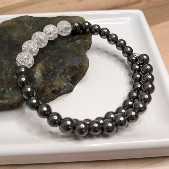 Crackled Quartz Hematite Memory Wire Wrap Bracelet - Picture 3 of 9
